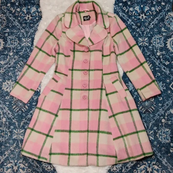 Hell bunny Millicent retro pink & green plaid peacoat womens sz small - Picture 8 of 15